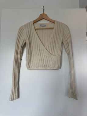 Urban Outfitters Cream Ribbed Wrap V-Neck Sweater